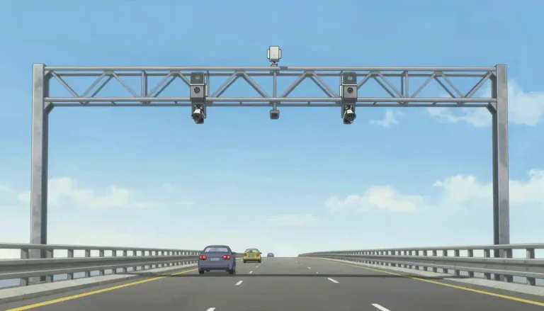 Visual representation of "gantry" - A structure built on sides of something, like a bridge or road, which holds equipment like signs or cameras.