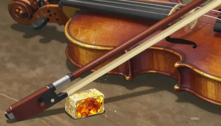 Visual representation of "rosin" - A hard, amber-colored substance from pine trees used to help the bow grip strings on stringed instruments