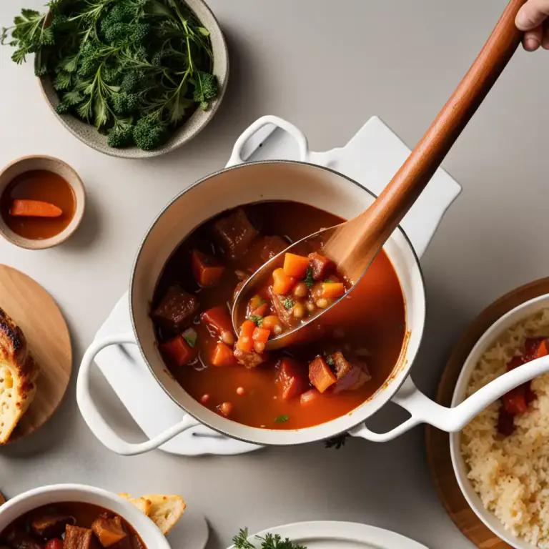 Visual representation of "ladle" - To serve soup, stew, or other foods using a ladle.