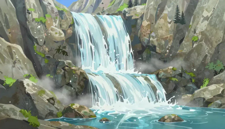 Visual representation of "cascade" - A small waterfall, typically one of several that fall in stages down a steep rocky slope.