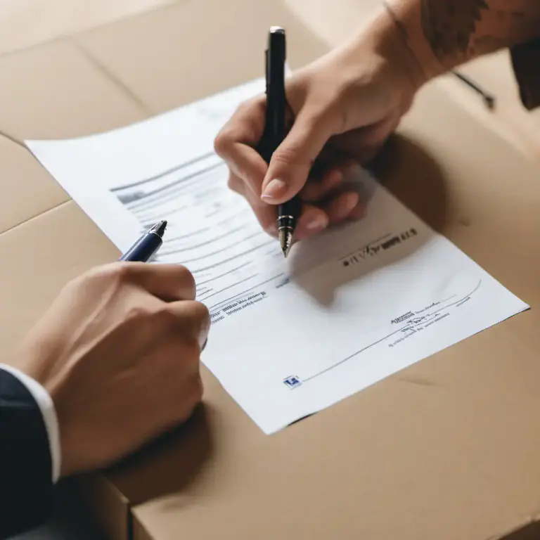 Visual representation of "sign for" - To write your signature on a document to show that you have received something or to agree to something.