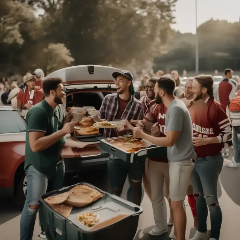 Visual representation of "tailgate" - To host or attend a social gathering at which an informal meal is eaten from the back of a parked vehicle, typically in the parking lot of a sports stadium.