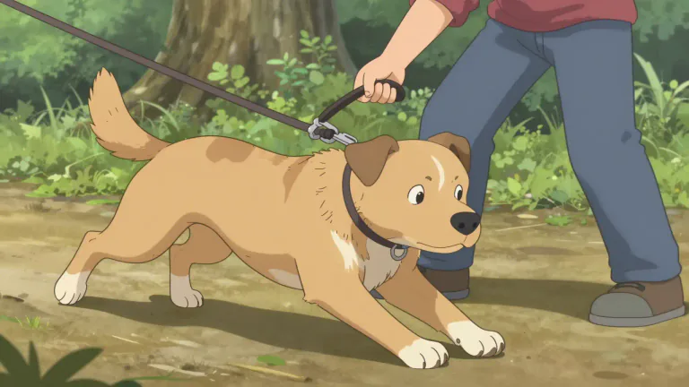 Visual representation of "strain at the leash" - For an animal, to pull hard against its leash because it wants to move at a faster pace or toward a specific direction