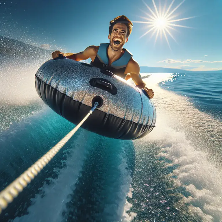Visual representation of "tubing" - The sport of riding on a tube towed behind a motorboat.