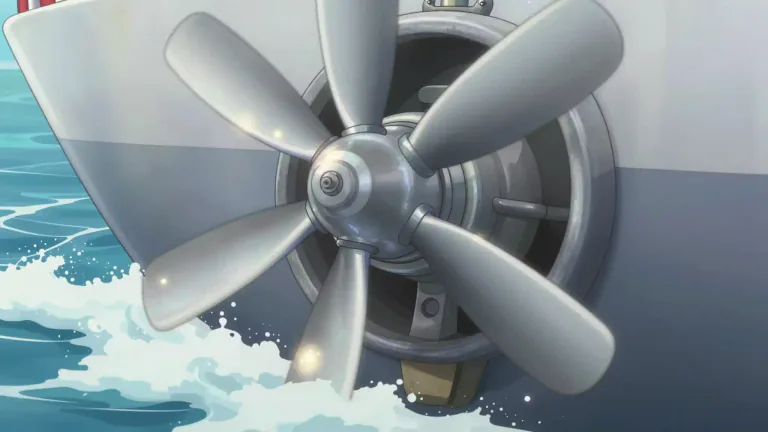 Visual representation of "propeller" - A machine part with blades spinning around a center, used to push ships or aircraft forward.