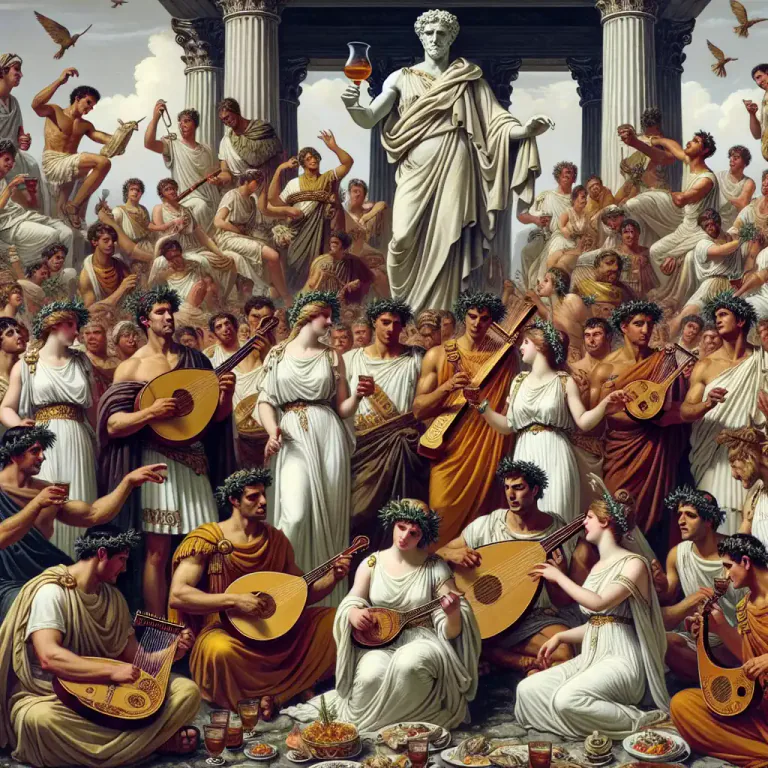 Visual representation of "saturnalian" - Relating to the Roman festival of Saturn, marked by unrestrained revelry.