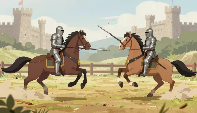 Visual representation of "joust" - A fight that happened in history between two horsemen with lances.