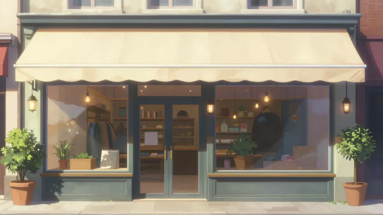 Visual representation of "storefront" - The front part of a store that faces the street, including the door and windows.