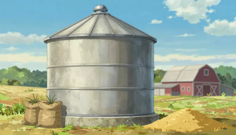 Visual representation of "silo" - A tall round structure made for storing grain or fermenting animal feed.