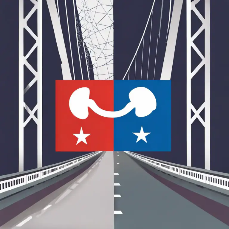 Visual representation of "bipartisan" - A political situation, especially in the context of a two-party system, in which opposing political parties find common ground through compromise.