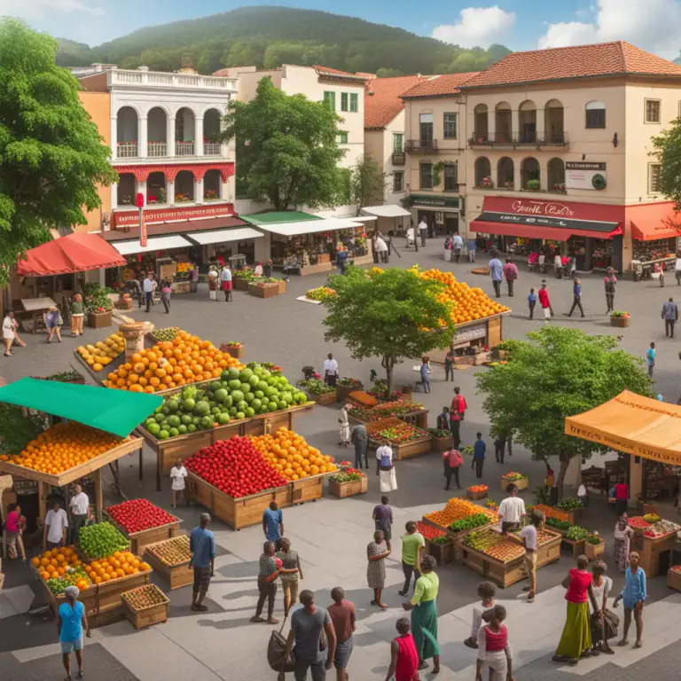 Visual representation of "crossroads" - The area or place in the center of a town where roads meet and people come to do activities.