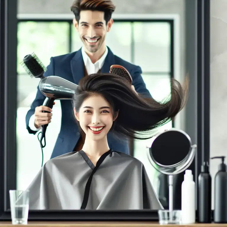 Visual representation of "blowout" - A hairstyle in which the hair is dried and styled to give a smooth and sleek look.