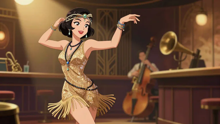Visual representation of "flapper" - A young woman in the 1920s who wore short skirts, had bobbed hair, listened to jazz music, and flouted conventional behavior and social norms.