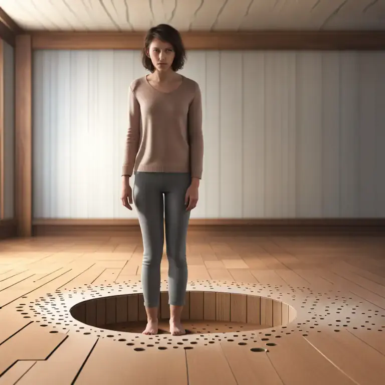 Visual representation of "fall through" - To go downwards through a hole or space accidentally.