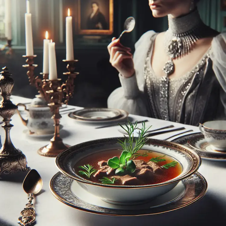 Visual representation of "consomme" - A type of clear soup made from richly flavored stock or bouillon that has been clarified.
