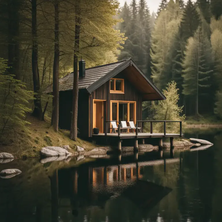 Visual representation of "cottage" - A small, simple house made of wood in a forest or by a lake.