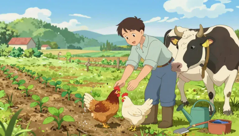 Visual representation of "husbandry" - The care of farm animals and plants.