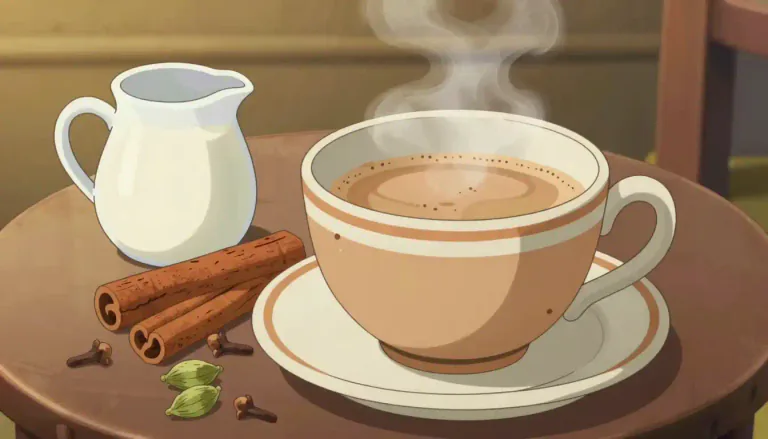 Visual representation of "chai" - A type of spiced tea made with cinnamon, cardamom, cloves, and milk, often served hot.