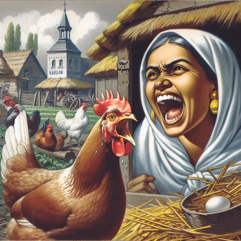 Visual representation of "cackle" - The sound a hen makes, or a loud, high laugh