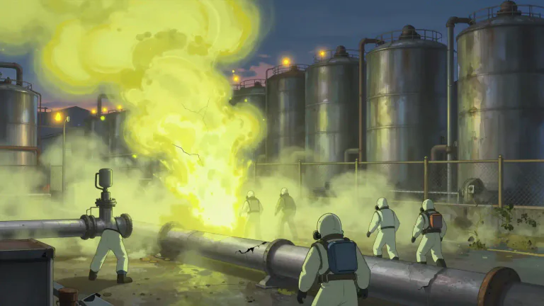 Visual representation of "chlorine" - A yellow-green, nonflammable gas that is denser than air. In high concentrations, its fumes can be fatal.