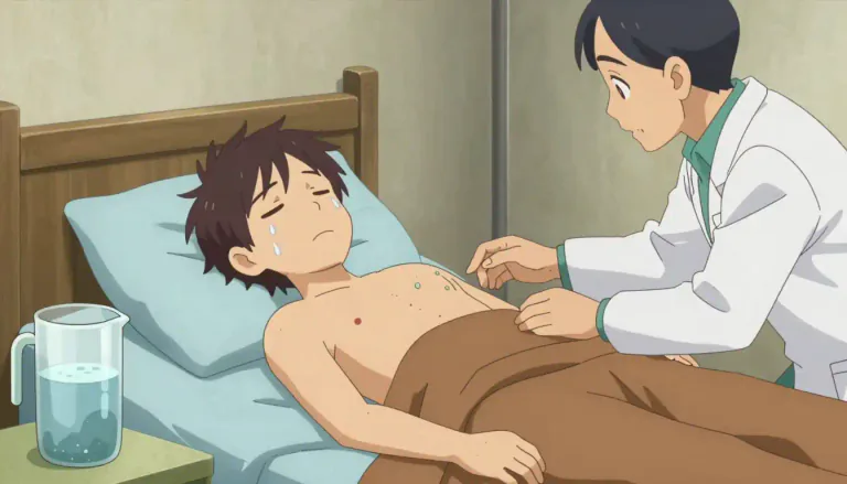 Visual representation of "typhoid" - A serious infectious disease that causes fever and red spots on the skin, spread especially through dirty water.
