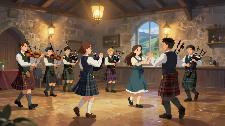Visual representation of "strathspey" - A type of dance and music from Scotland that is slower than a reel.