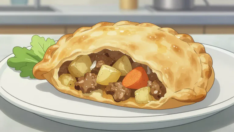 Visual representation of "pasty" - A type of pie usually filled with meat and vegetables. It is shaped like a half circle and often eaten as a quick meal or snack.