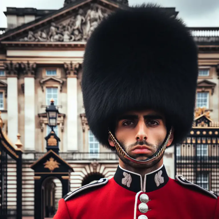 Visual representation of "bearskin" - A tall black fur cap, typically worn by members of some military units.