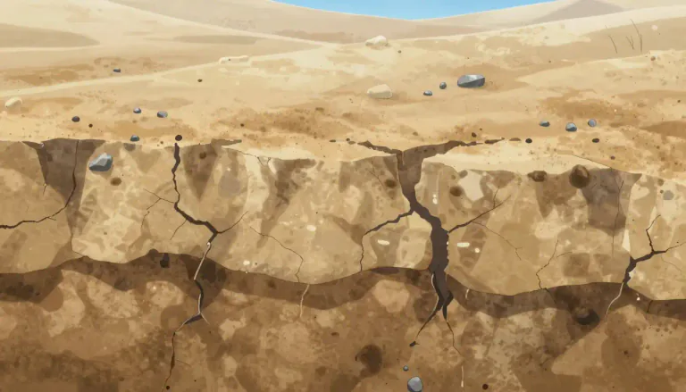 Visual representation of "caliche" - A layer of hardened earth that is formed and compacted into a solid mass in dry, arid conditions.
