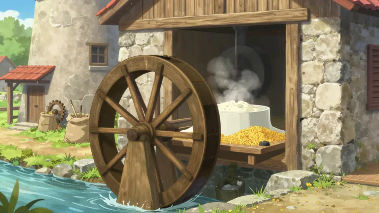 Visual representation of "mill" - A building where machines are used to make things such as flour from grain or paper from wood