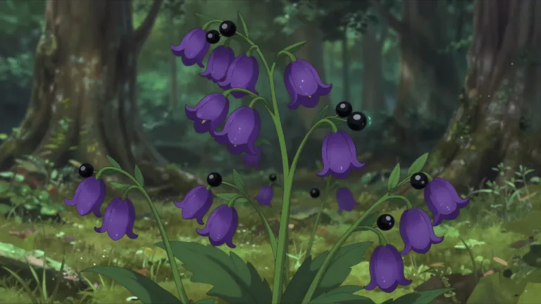 Visual representation of "belladonna" - A poisonous plant with purple flowers and black berries.