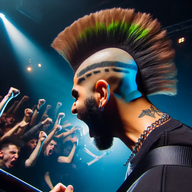 Visual representation of "mohawk" - A hairstyle in which both sides of the head are shaved, leaving a strip of hair in the middle.