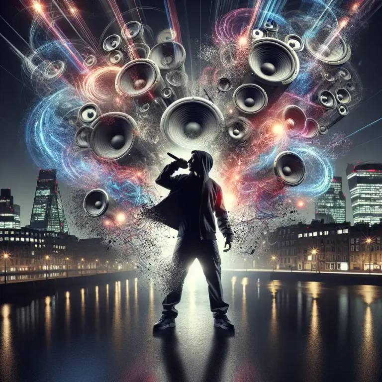 Visual representation of "grime" - A type of music that comes from the UK, known for heavy basslines, rapid breakbeats, and often featuring emcees who rap or talk.