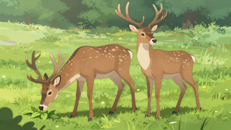 Visual representation of "deer" - A large wild animal with four legs that eats grass and leaves. The males sometimes have large antlers.