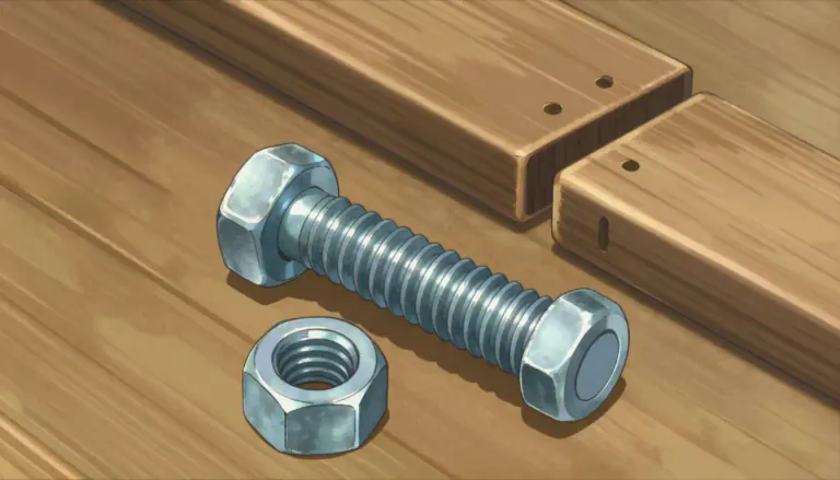 Visual representation of "bolt" - A long metal piece with a head that is used to join things together tightly.