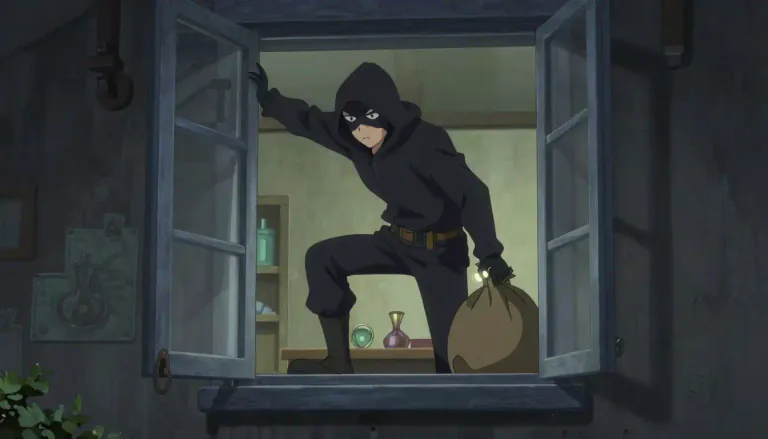 Visual representation of "burglar" - A person who illegally enters buildings and steals things.