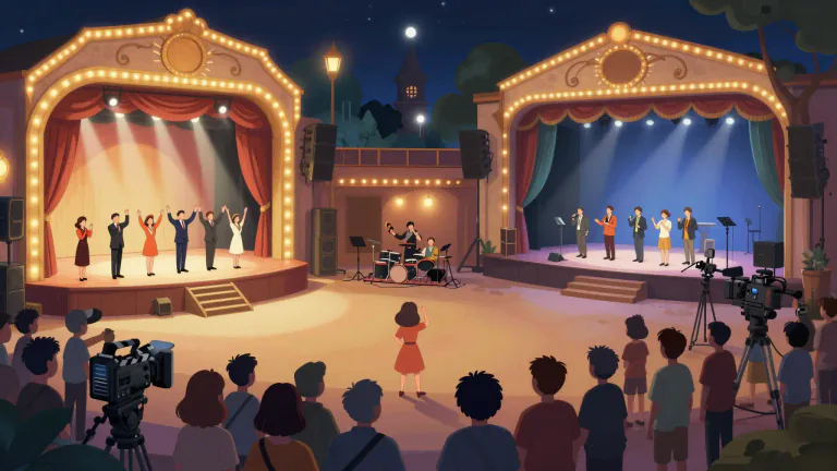 Visual representation of "showbusiness" - The commercial world of entertainment, including film, music, and theatre where performance is key.