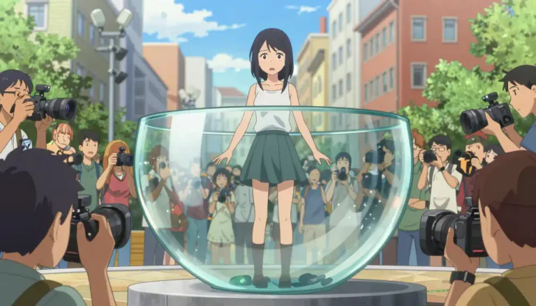 Visual representation of "fishbowl" - A situation where a person is under constant observation, often leading to a sense of vulnerability.