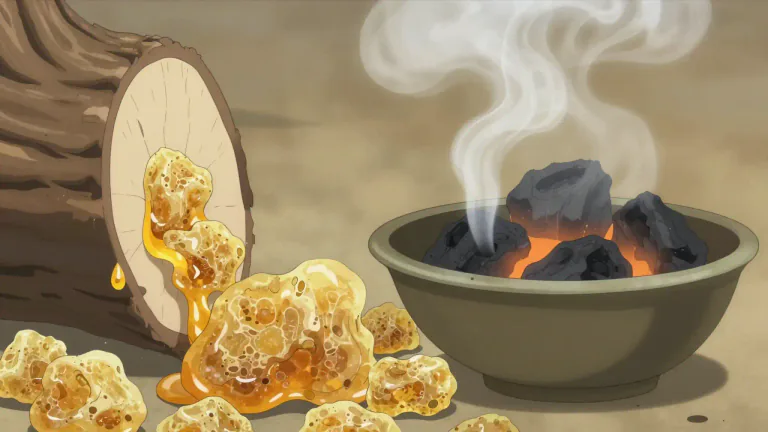 Visual representation of "frankincense" - A type of gum or resin that comes from certain trees, used for producing a special kind of smoke in some religious ceremonies.