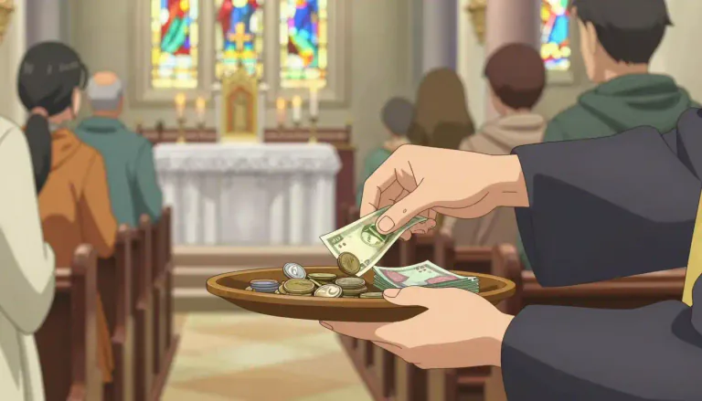 Visual representation of "offertory" - It's the part of a church service where people donate money.