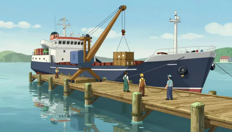 Visual representation of "wharf" - A place by the sea, river, or harbour where ships load or unload goods or park.