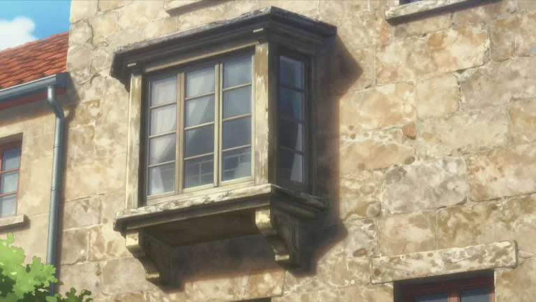 Visual representation of "oriel" - A type of window that sticks out from the main wall of a building.