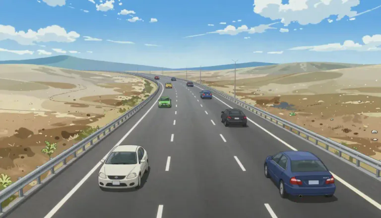 Visual representation of "freeway" - A wide road where vehicles can drive at high speed for long distances