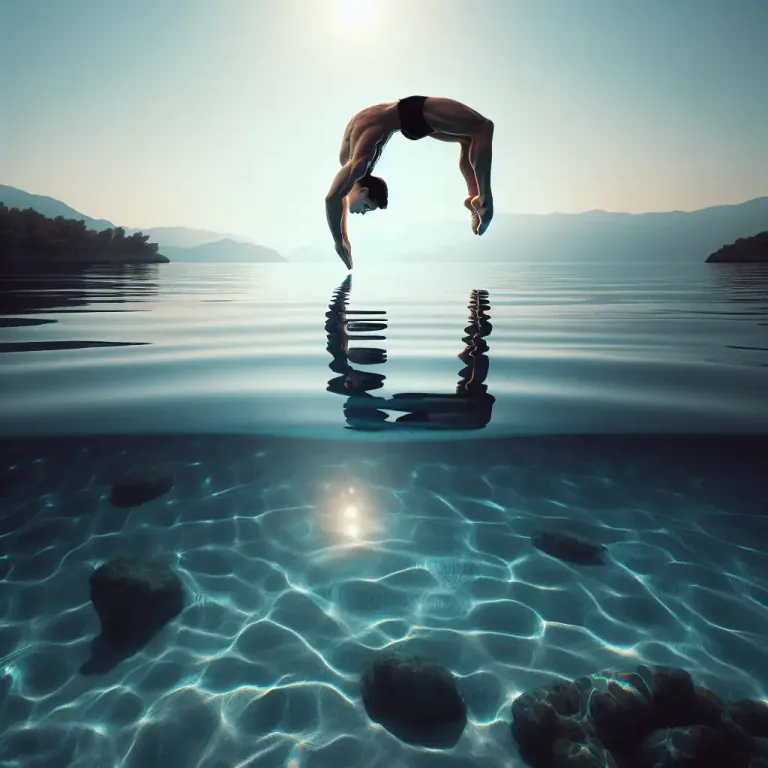 Visual representation of "jackknife" - To bend the body quickly into a V shape, like a diving position.