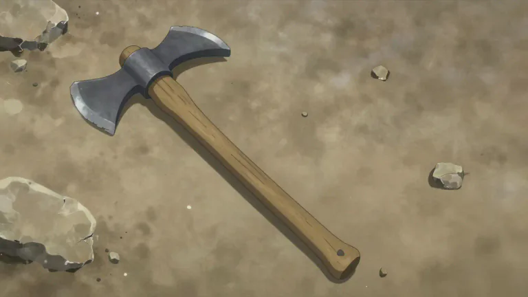 Visual representation of "pickaxe" - A hand tool with a hard head attached perpendicular to the handle, used for breaking up hard surfaces.
