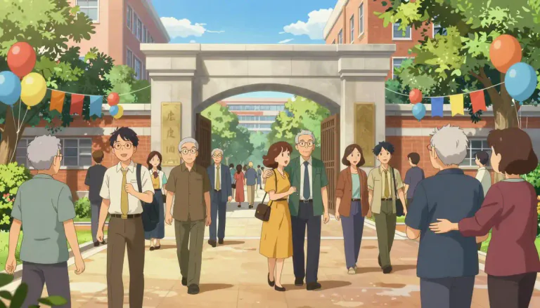 Visual representation of "homecoming" - An event where people return to their old school or university, usually organized once a year.