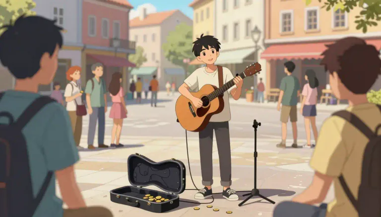 Visual representation of "busk" - To perform music or other entertainment in the street or other public place for monetary donations.