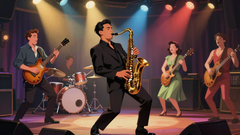 Visual representation of "bebop" - A style of jazz music developed in the 1940s, which is known for its fast tempo and complex harmonies.