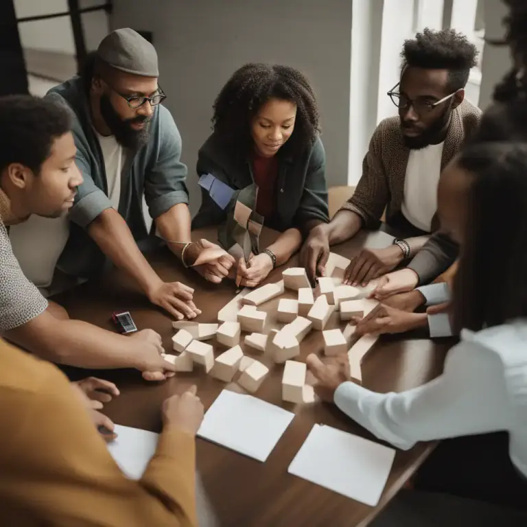 Visual representation of "gang together" - When a group of people or things come together for a common purpose or cause.