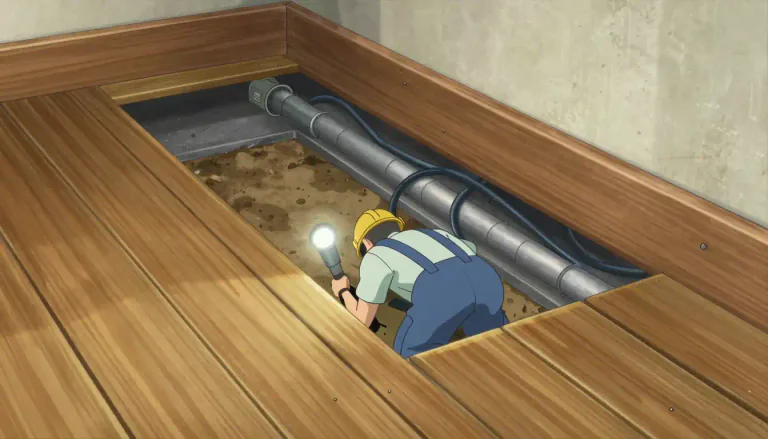 Visual representation of "crawlspace" - A shallow space under the floor of a building, often used for access to electrical, plumbing, or heating systems.